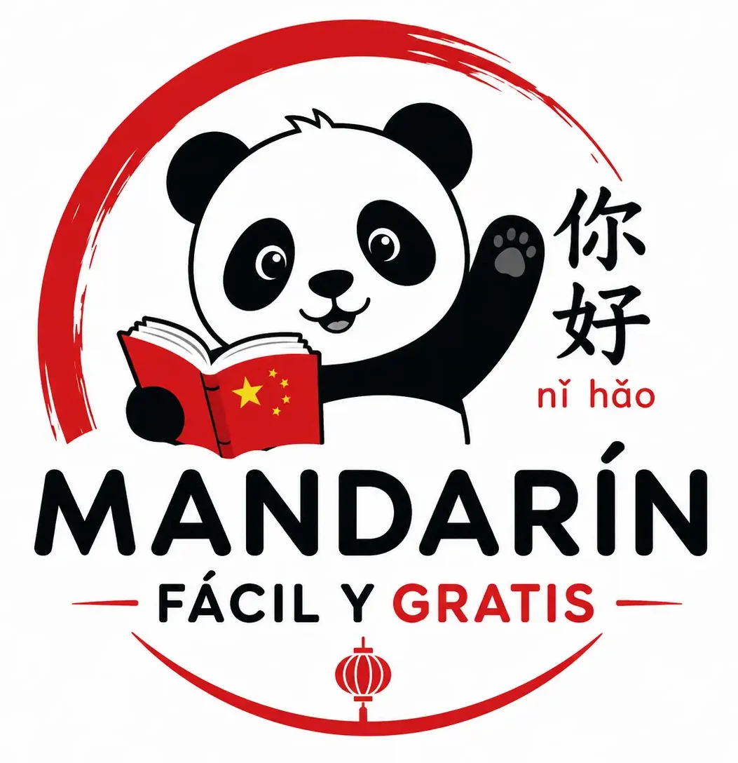 Panda aprendiendo chino mandarín con un libro rojo.